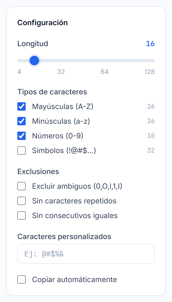 Opciones del modo clásico: largo, mayúsculas, minúsculas, números, símbolos y exclusión de caracteres ambiguos