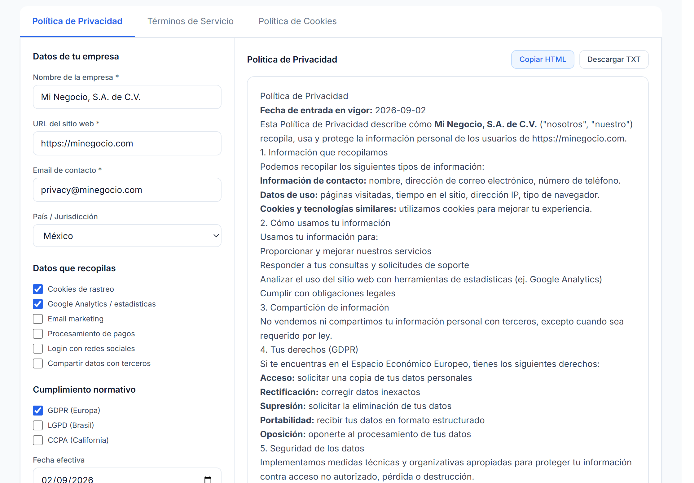 Tres pestañas de documento, política de privacidad, términos de servicio y política de cookies, con el formulario de datos de la empresa