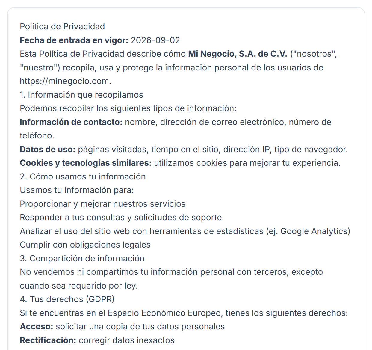 Documento de política de privacidad generado en inglés, con sus secciones numeradas