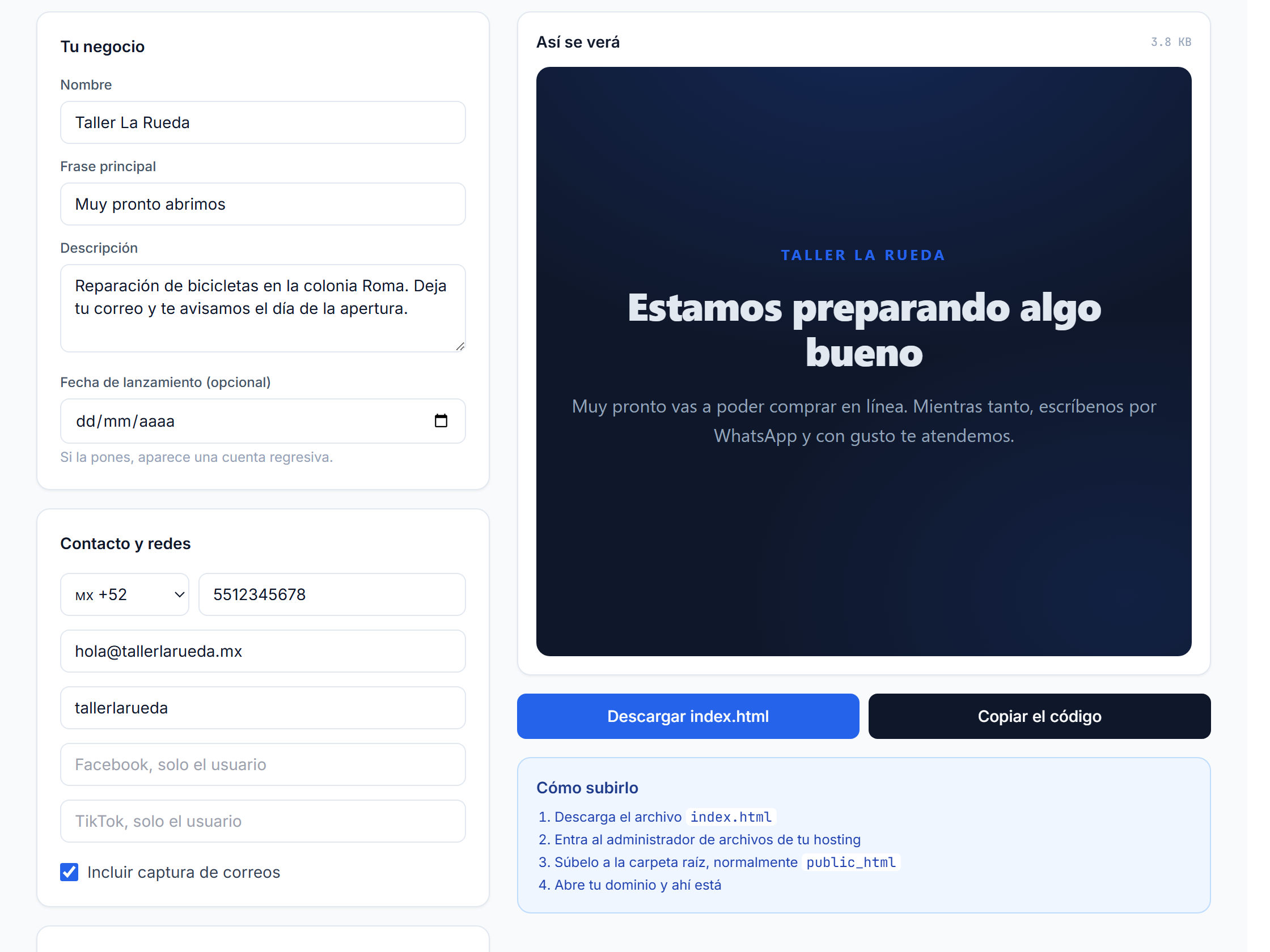 Formulario con nombre del negocio, titular, texto, fecha, WhatsApp, correo y redes, junto a la vista previa de la página