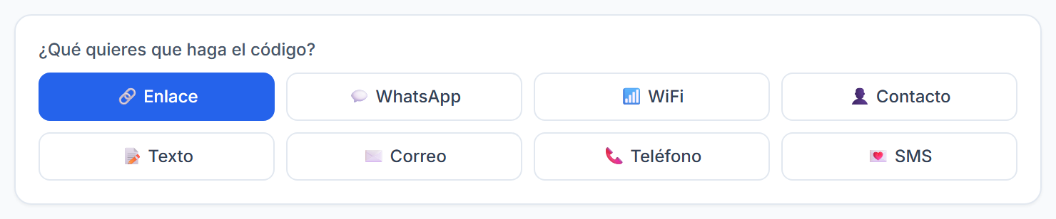Selector con los ocho tipos de código QR: Enlace, WhatsApp, WiFi, Contacto, Texto, Correo, Teléfono y SMS