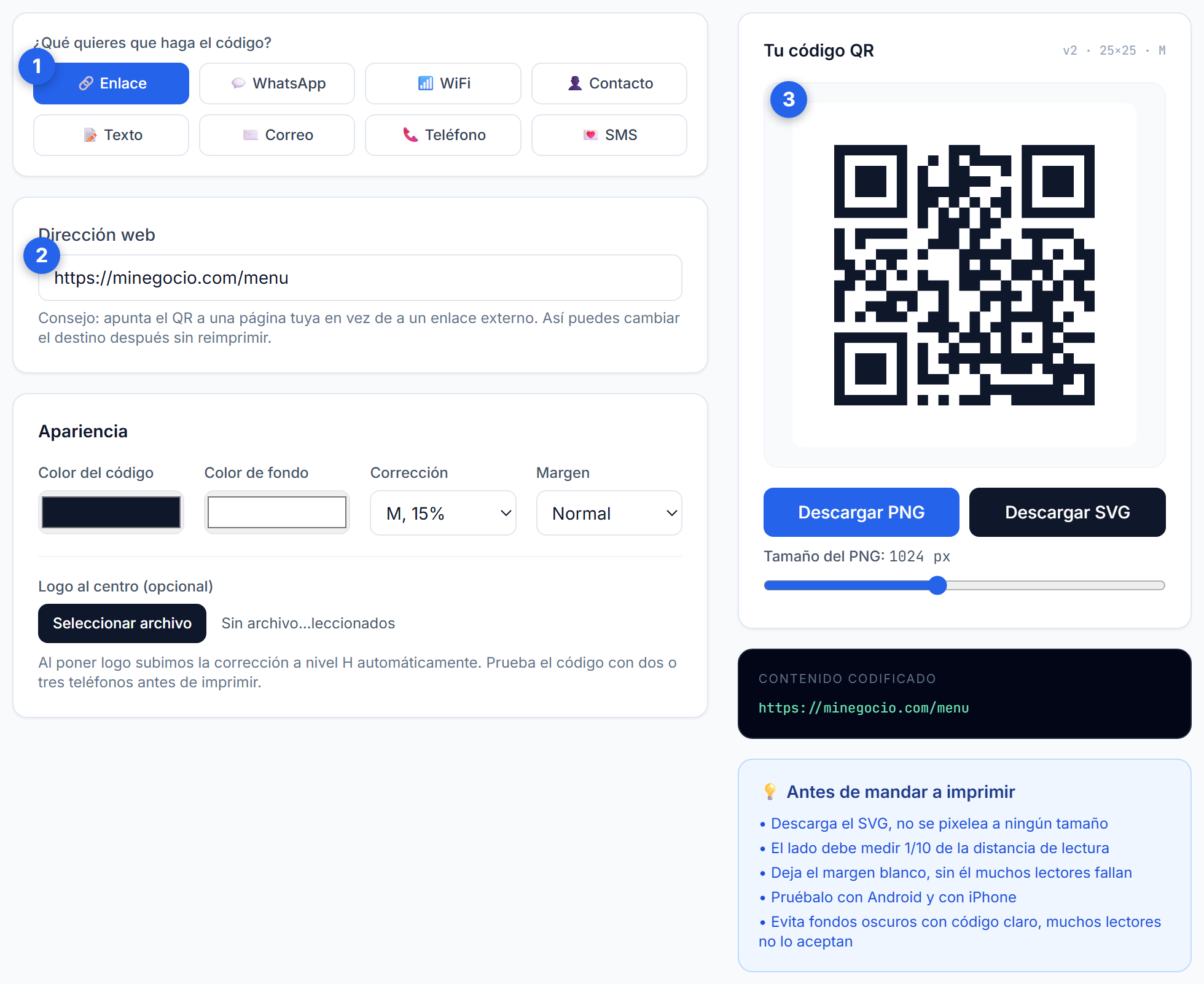 Pantalla del generador con el tipo Enlace seleccionado, la dirección escrita y el código QR ya dibujado a la derecha