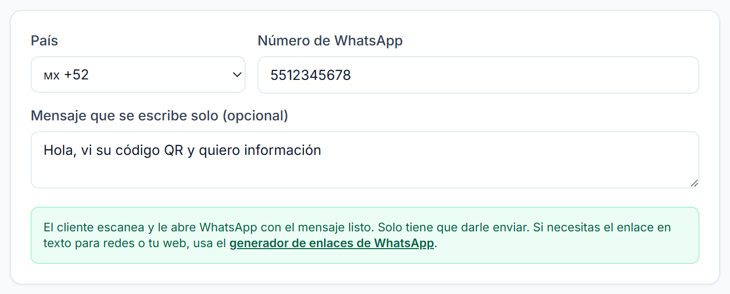 Formulario del tipo WhatsApp con lada de México, número de diez dígitos y un mensaje sugerido