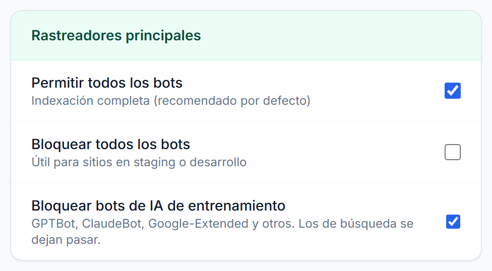 Opciones de rastreadores: permitir todos, bloquear todos, y bloquear bots de IA de entrenamiento