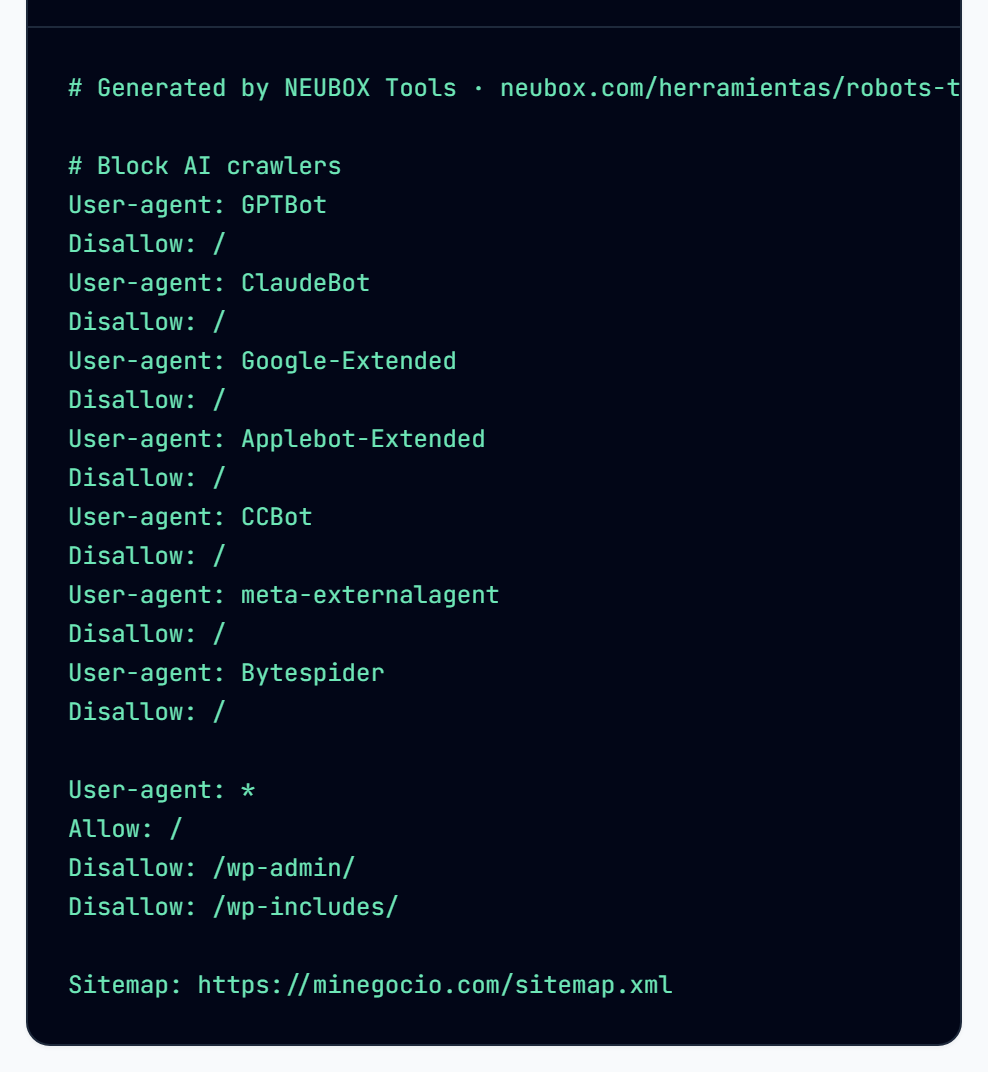 Archivo robots.txt generado con los bloques de rastreadores de IA y sus reglas de bloqueo