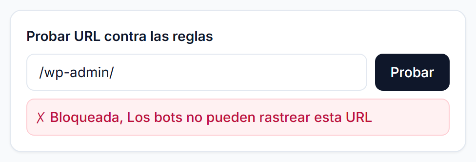 Probador de direcciones mostrando que la ruta wp-admin queda bloqueada por las reglas