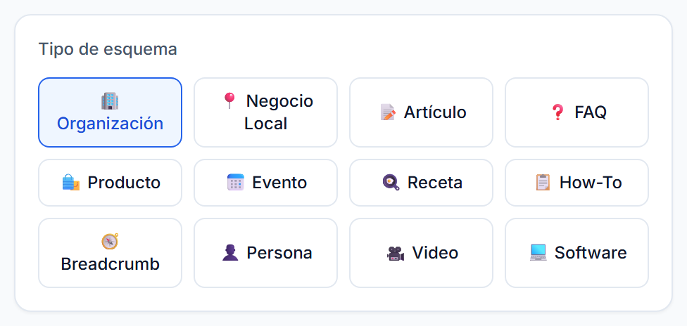 Doce tipos de esquema: Organización, Negocio Local, Artículo, FAQ, Producto, Evento, Receta, How-To, Breadcrumb, Persona, Video y Software