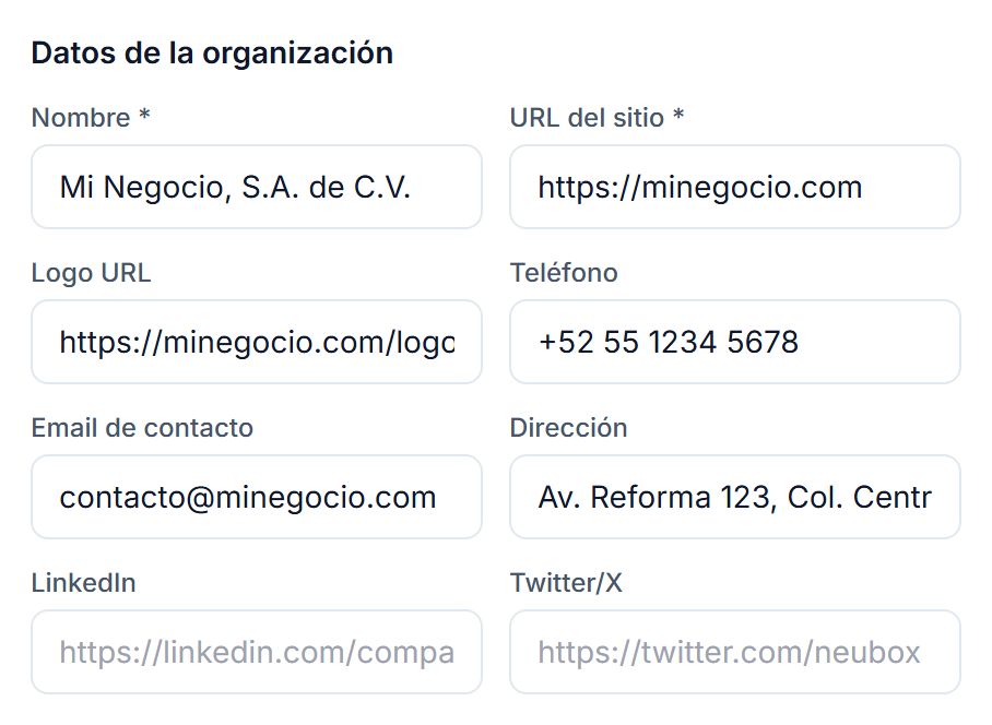 Formulario del tipo Organización con nombre, dirección del sitio, logo, teléfono, correo y dirección física