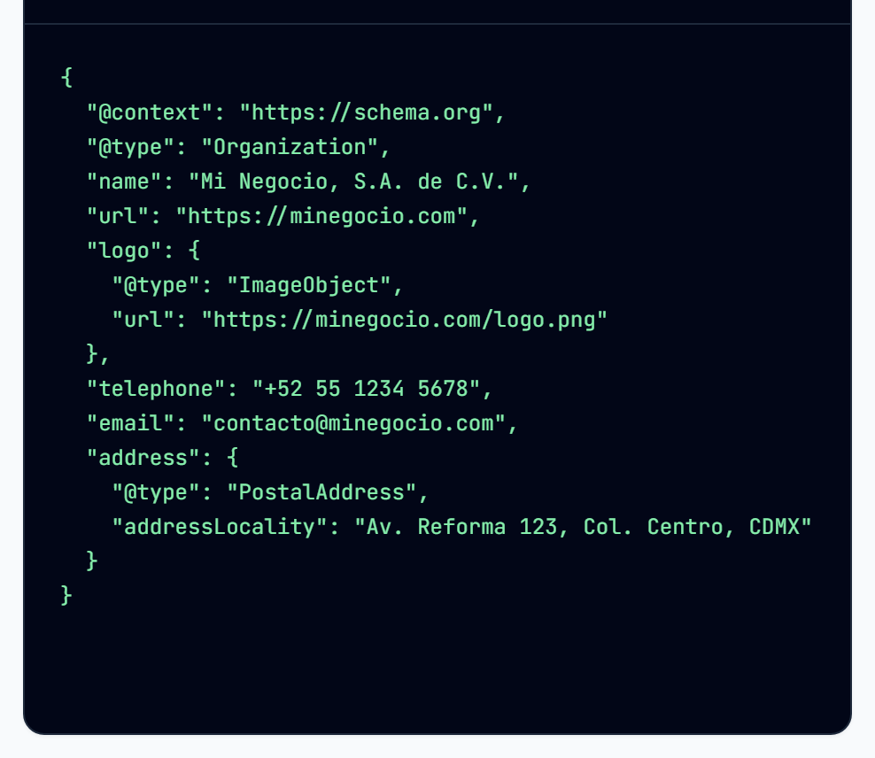 Bloque de código JSON-LD generado, con el contexto de schema.org, el tipo Organization y los datos capturados