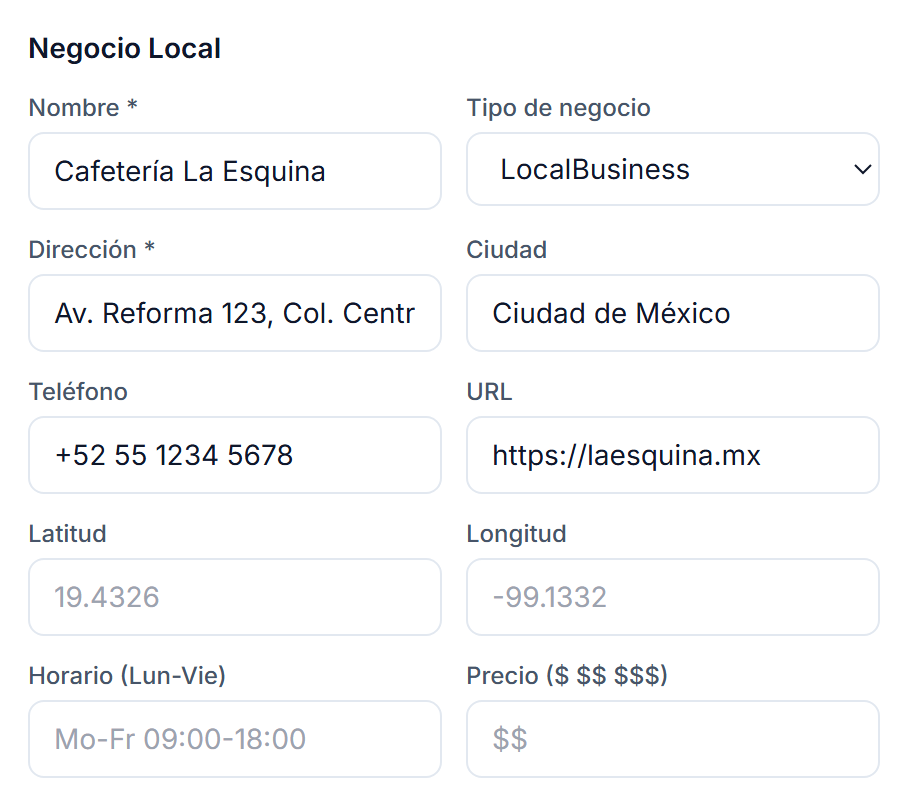 Formulario de Negocio Local con nombre, tipo de negocio, dirección, ciudad, teléfono, coordenadas, horario y rango de precios