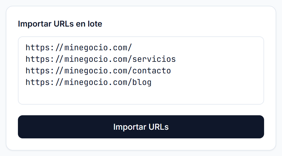 Área de texto con cuatro direcciones pegadas, una por renglón, y el botón Importar URLs