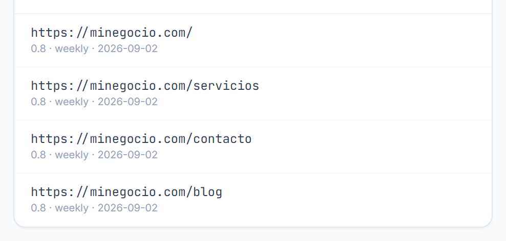 Lista de cuatro direcciones agregadas, cada una con su prioridad, frecuencia y fecha