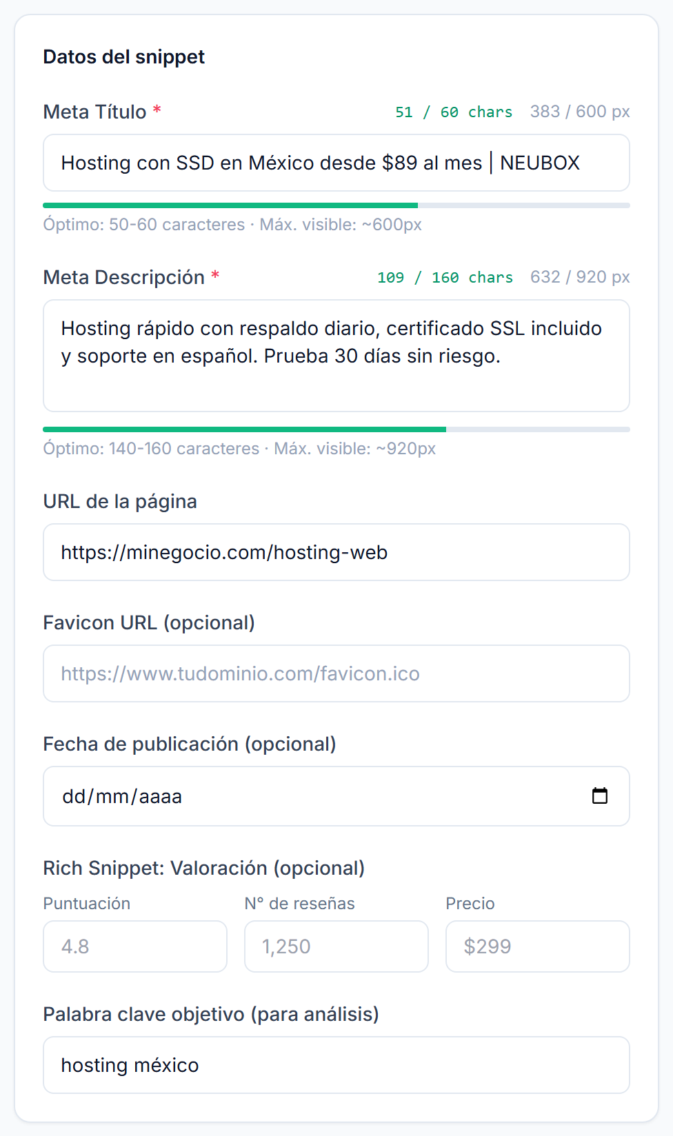 Formulario con meta título, meta descripción y dirección de la página, cada uno con su contador de caracteres y de píxeles