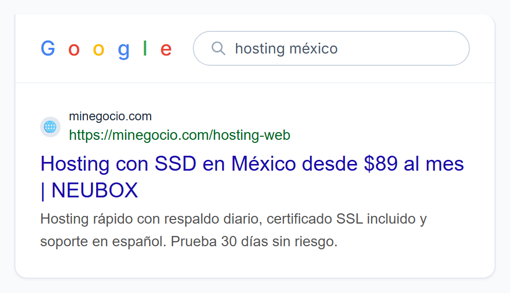 Vista previa del resultado en Google para computadora, con el dominio, el título en azul y la descripción debajo