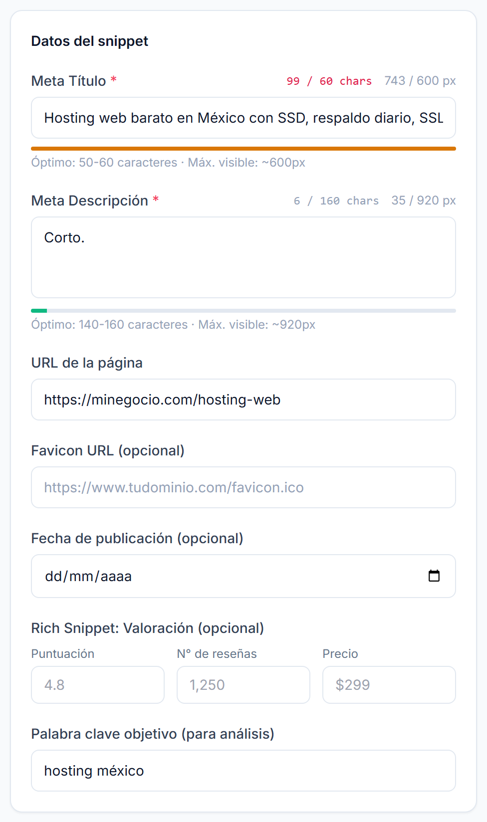El mismo formulario con un título de 99 caracteres marcado en rojo y una descripción demasiado corta