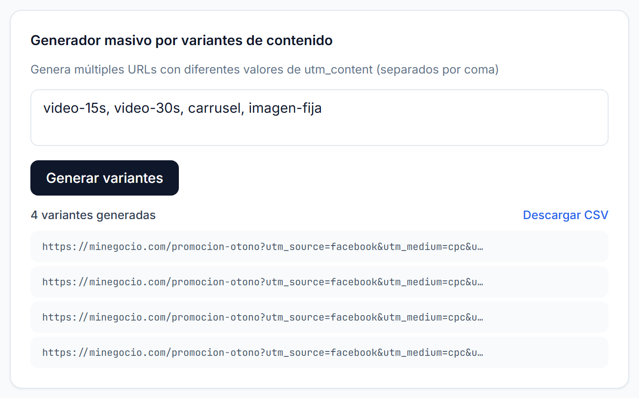 Generador masivo con cuatro variantes de contenido separadas por coma y las cuatro direcciones generadas