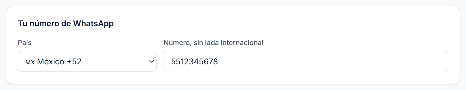 Selector de país con México +52 y campo para el número sin lada internacional