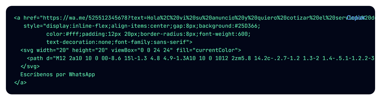 Bloque de código HTML del botón flotante de WhatsApp, listo para pegar